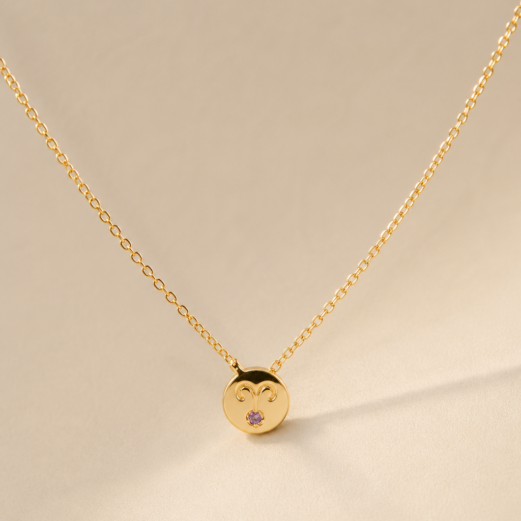 A minimalist women's necklace made of gold with amethyst stones suitable for daily wear. um colar com fio dourado, ouro, a joia em um circulo pequeno cheio , cravado em si o signo de carneiro contendo no seu centro um estilhaço pequeno de amethyst. um fio elegante, discreto, com um toque de charme e delicado
photorealistic jewelry design, A minimalist women's necklace made of gold with amethyst stones suitable for daily wear. um colar com fio dourado, ouro, a joia em um circulo pequeno cheio , cravado em si o signo de carneiro contendo no seu centro um estilhaço pequeno de amethyst. um fio elegante, discreto, com um toque de charme e delicado, minimalist style, just the design no text
