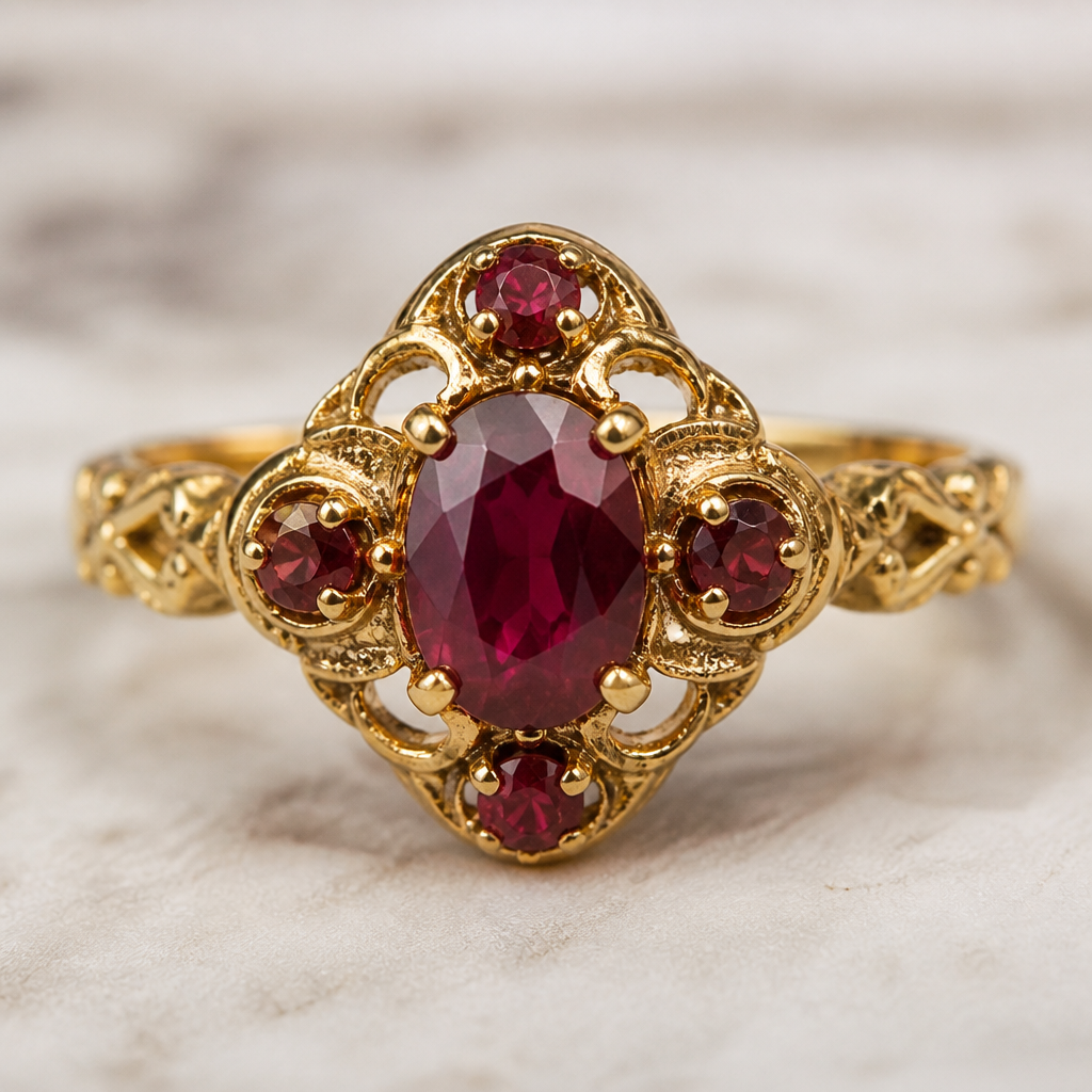 A vintage women's ring made of gold with ruby stones