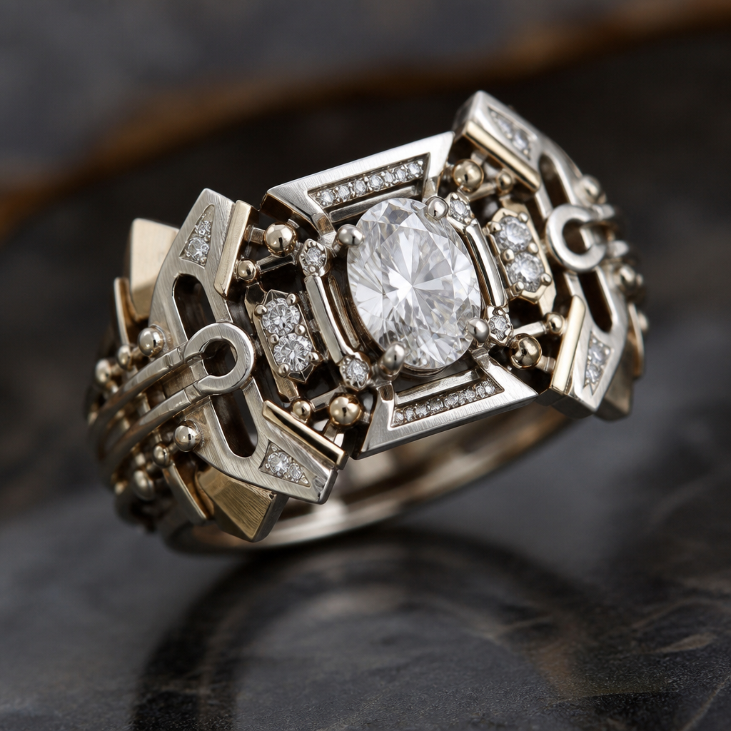 A industrial women's ring with diamond stones suitable for wedding, highly ornate, intricate and elaborate, richly detailed. A 0.70-carat oval diamond is used as the center stone.
photorealistic jewelry design, A industrial women's ring with diamond stones suitable for wedding, highly ornate, intricate and elaborate, richly detailed. A 0.70-carat oval diamond is used as the center stone., industrial style, just the design no text