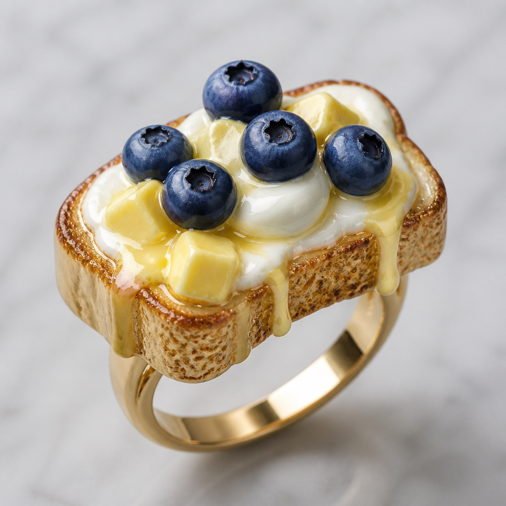 Banana bread and cheese with butter on it and some cream cheese and some blueberries on top of it
photorealistic jewelry design, Banana bread and cheese with butter on it and some cream cheese and some blueberries on top of it , just the design no text