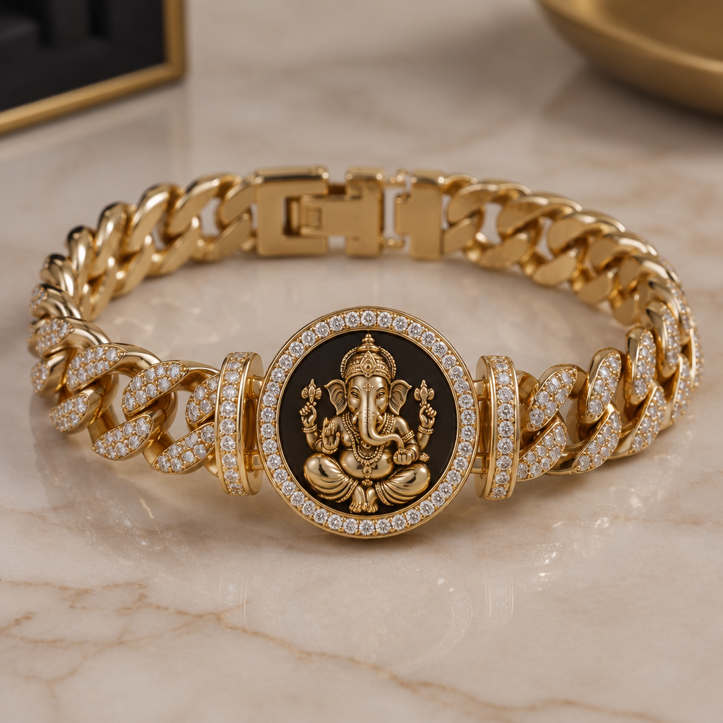 A women's bracelet. cuban carap bracelet and ganesh ji dial in lucky
photorealistic jewelry design, A women's bracelet. cuban carap bracelet and ganesh ji dial in lucky, modern style, just the design no text