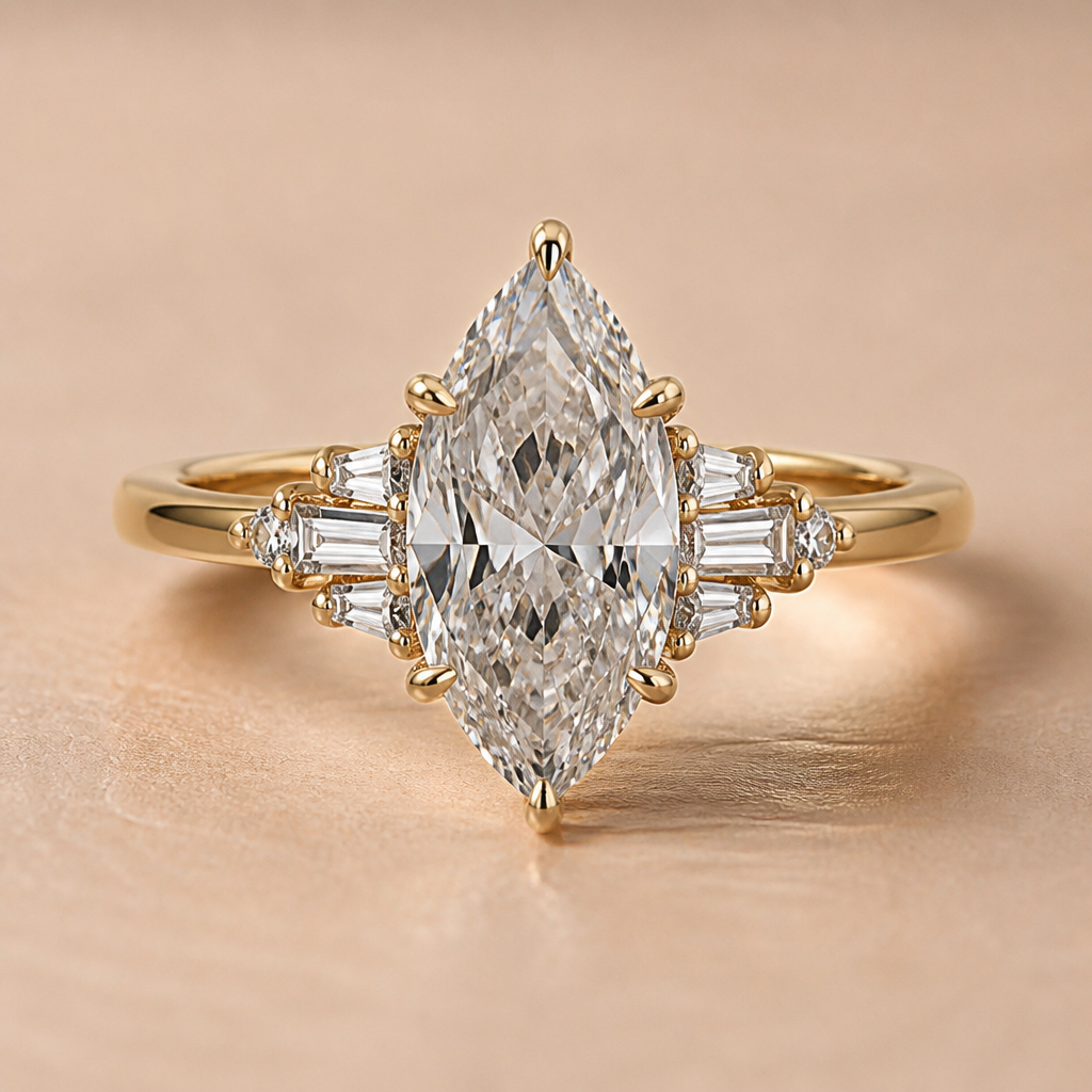 A luxury women's ring made of gold with diamond stones suitable for wedding. камень кольца вытянутой формы три карата
photorealistic jewelry design, A luxury women's ring made of gold with diamond stones suitable for wedding. камень кольца вытянутой формы три карата, luxury style, just the design no text