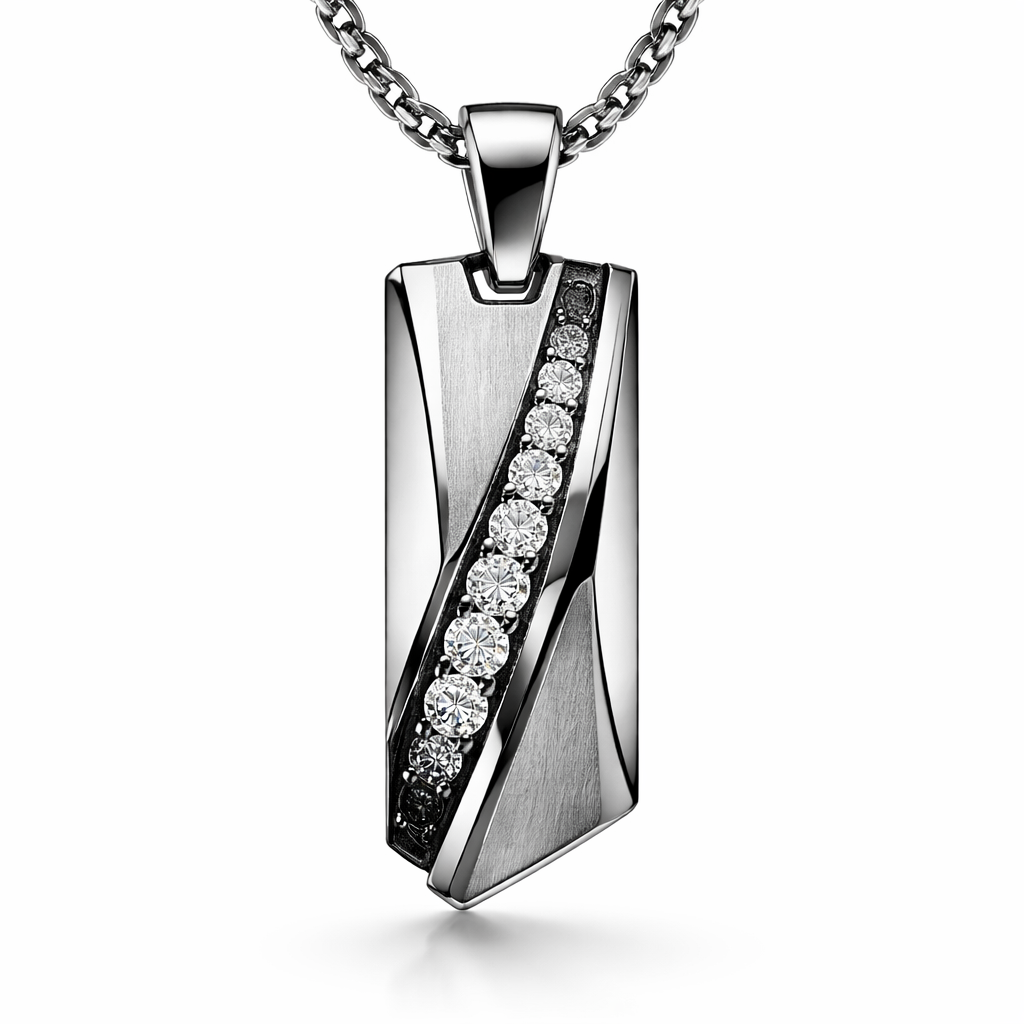 A modern men's pendant made of silver with diamond stones
