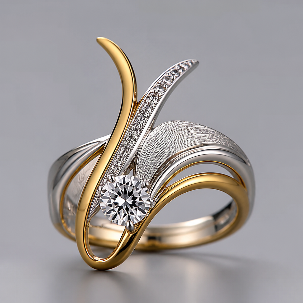 A avant-garde women's ring made of mixed metal with diamond stones suitable for festival. An extraordinary excellent beautiful delicate and elegant solitaire women ring. Face of the ring.
photorealistic jewelry design, A avant-garde women's ring made of mixed metal with diamond stones suitable for festival. An extraordinary excellent beautiful delicate and elegant solitaire women ring. Face of the ring., avant_garde style, just the design no text