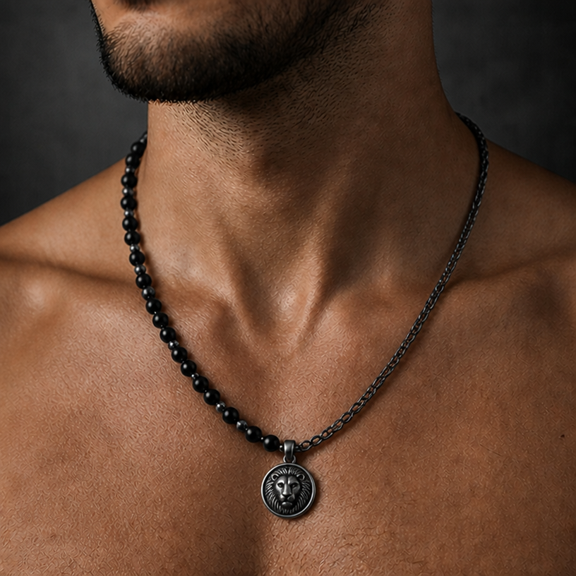now design completely different necklace - match black onyx stones with a chain so it looks really good and bring back the Leo charm
edit the attached jewelry design with these instructions: now design completely different necklace - match black onyx stones with a chain so it looks really good and bring back the Leo charm. keep it photorealistic, just the design no text