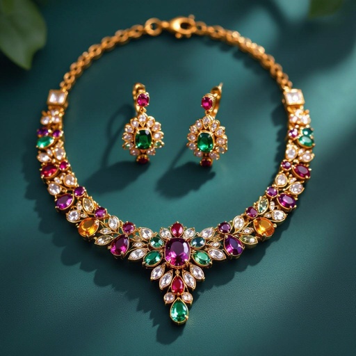 Necklace and ring and earring with luxury colorful jewel with gold