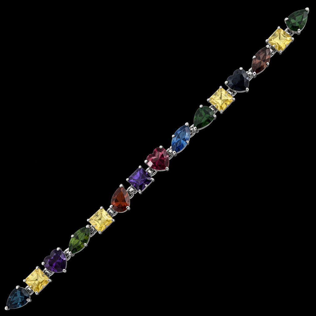 'pear, square, heart, marquis, square, pear,square, heart, marquis, square, pear, square, heart, marquis, square, pear, square, heart in different dark colored precious gemstones and yellow colored diamond in silver setting
photorealistic jewelry design, 'pear, square, heart, marquis, square, pear,square, heart, marquis, square, pear, square, heart, marquis, square, pear, square, heart in different dark colored precious gemstones and yellow colored diamond in silver setting, just the design no text
