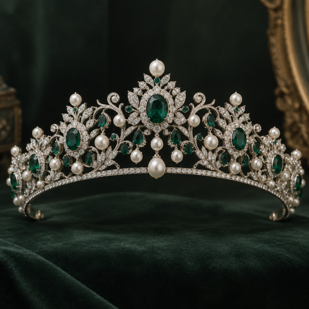A victorian women's tiara made of white gold with pearl and emerald stones suitable for formal
photorealistic jewelry design, A victorian women's tiara made of white gold with pearl and emerald stones suitable for formal, victorian style, just the design no text