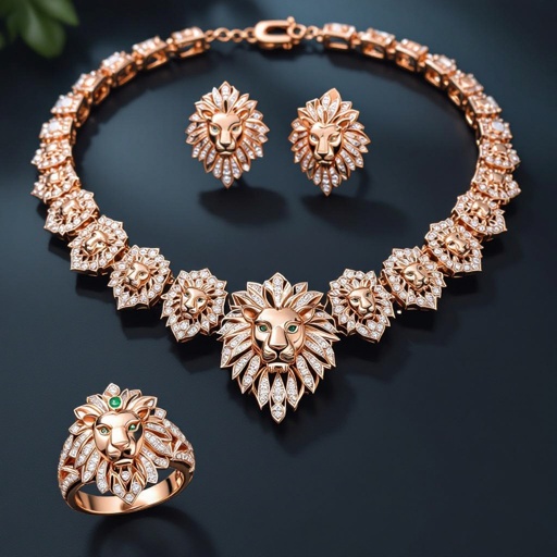 Necklace and ring and bracelet and Earrings set of Lion king edges Geometric lion ring of rose gold and white goldGeomatricw lion of architecture shape and edge of diamonds and emerlad of rose gold 