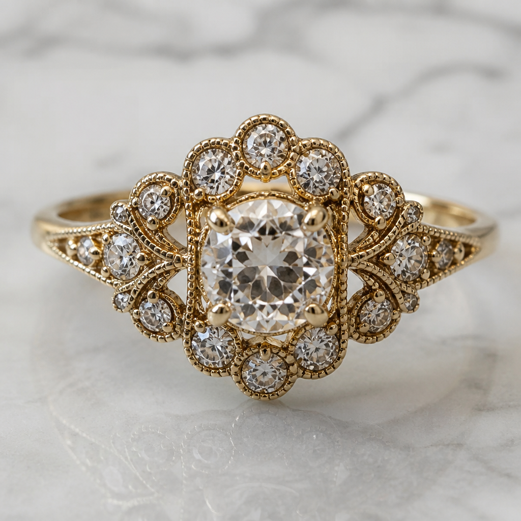 A vintage women's ring
photorealistic jewelry design, A vintage women's ring, vintage style, just the design no text