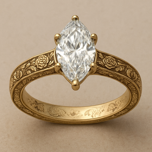 gold engagement ring with marquise cut diamond 2ct and cathedral setting. band same width all the way around and has subtle roses, subtle snow drops, and vintage look