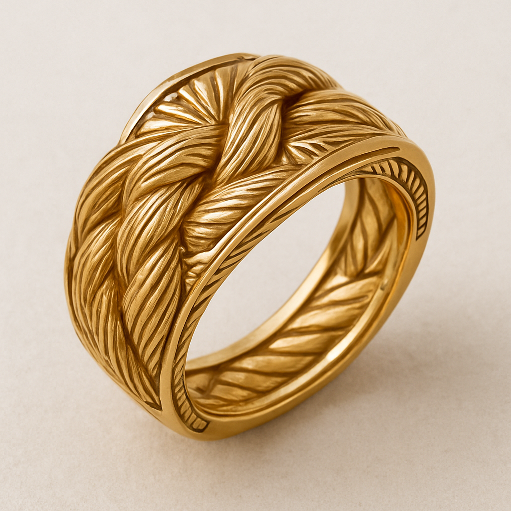 Yellow gold ring made to look like a piece of twine from a loaf of bread wrapped like a ring 