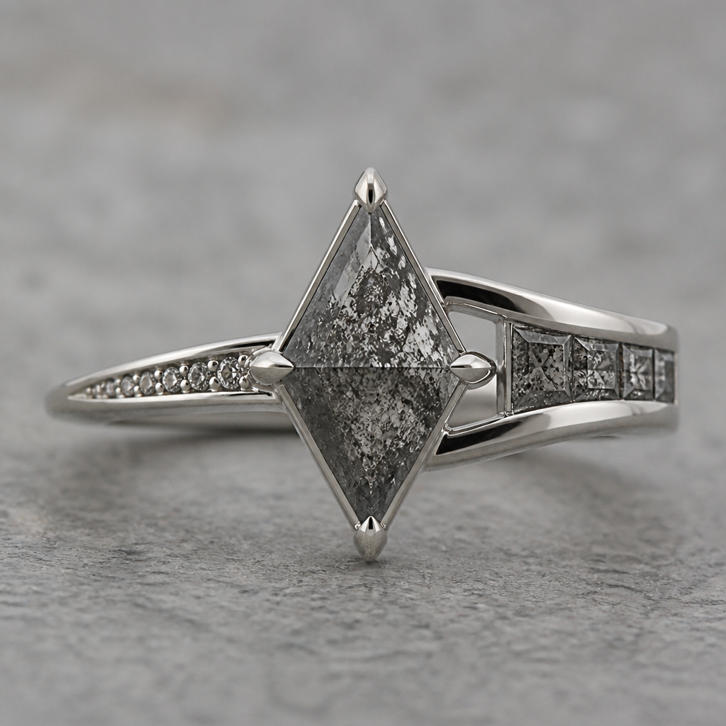 Create a ring with a kite salt and pepper diamond with 2 different texture , one side knife edge band tapered down and with melees, the other side with split band and one side with princess cut salt and pepper diamonds
photorealistic jewelry design, Create a ring with a kite salt and pepper diamond with 2 different texture , one side knife edge band tapered down and with melees, the other side with split band and one side with princess cut salt and pepper diamonds , just the design no text