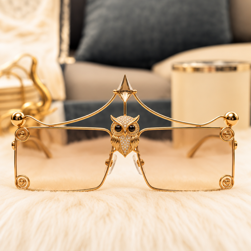 A minimalist men's tiara. owl pendant at the center of the glasses
using the attached image as a visual reference, create A minimalist men's tiara. owl pendant at the center of the glasses. photorealistic, just the design no text