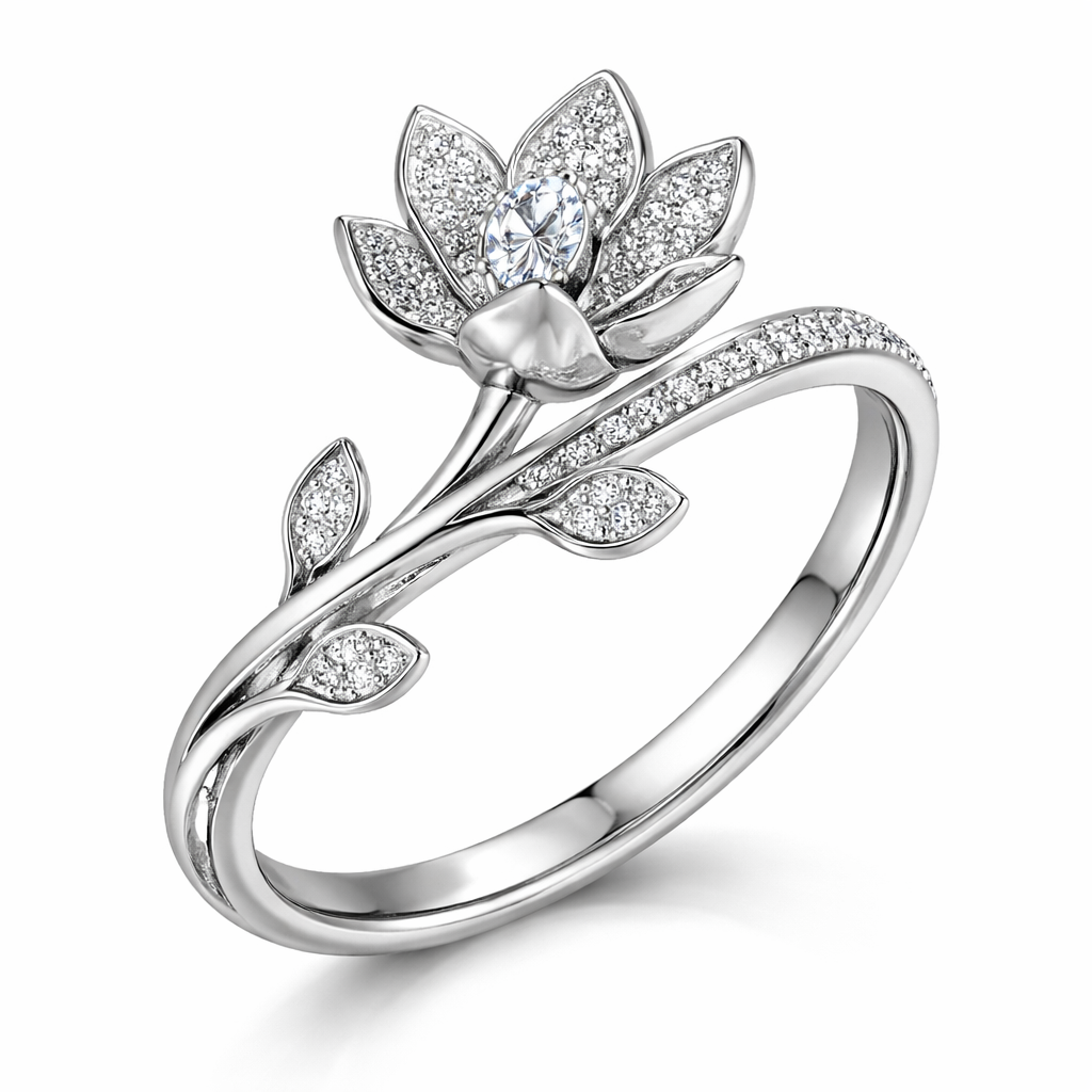 a ring with a silver band that has a stem rapping around with some petal that are also silver with some small diamonds on the band