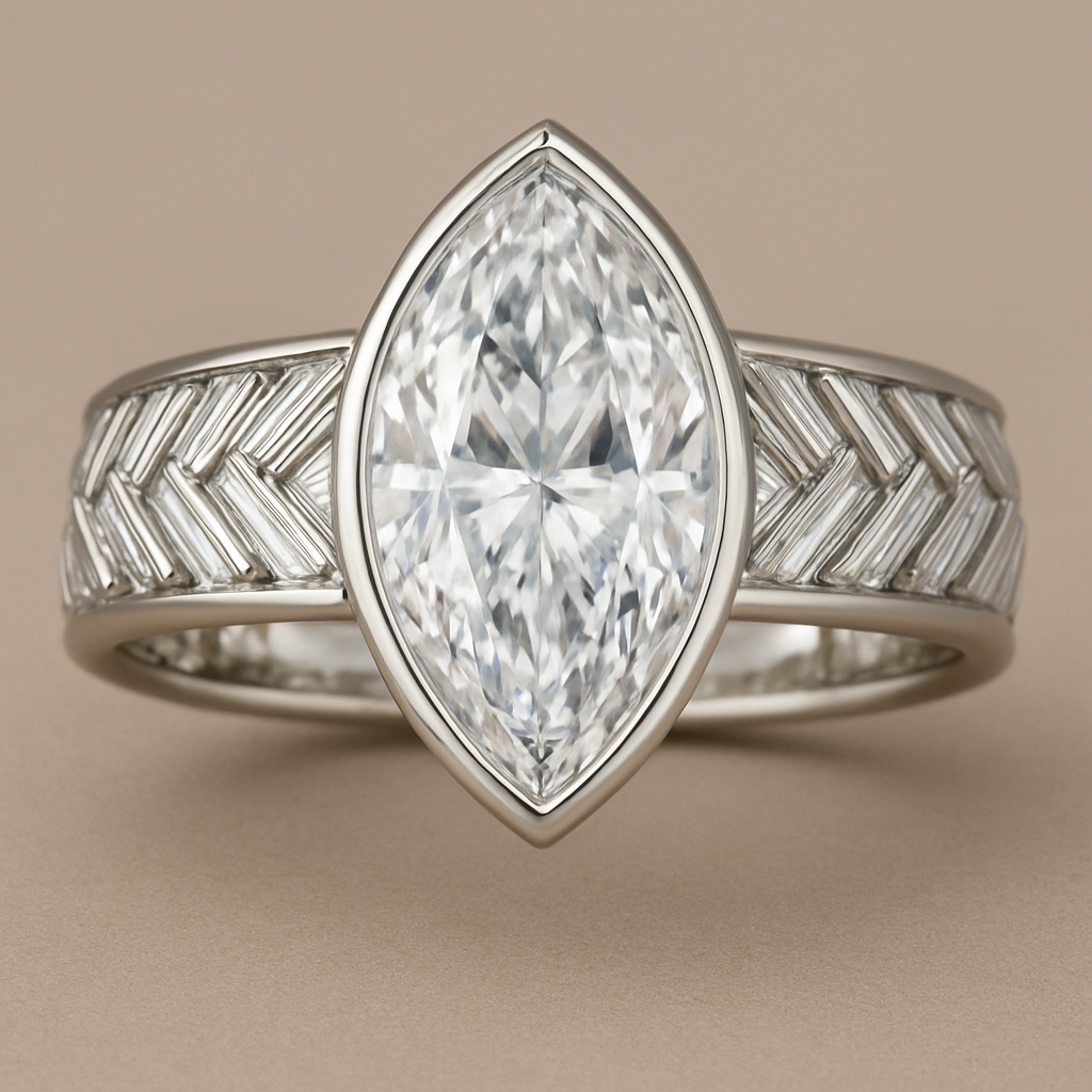 Bezel set 6 carat marquise diamond center stone with baguette diamonds in a herringbone pattern in the band