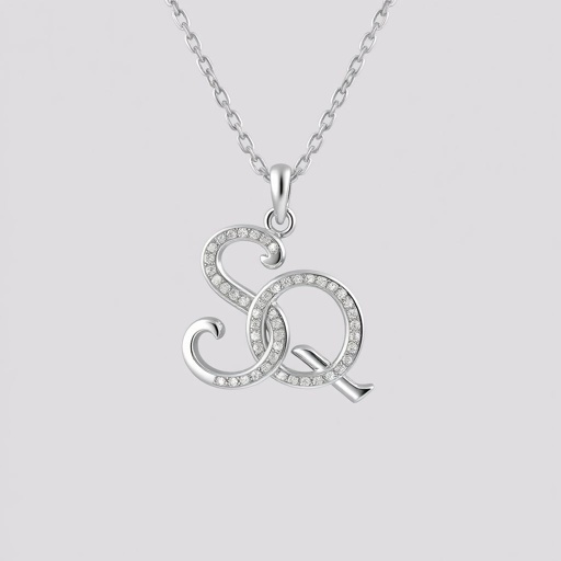 silver necklace with the pendant in conjoined letters SQ with white  stones. Make it cute and simple 