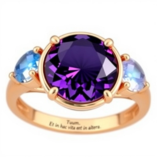 A simple, three stone 18 karat rose gold engagement ring set with a circular purple alexandrite. Also set with a small half moon cut blue chalcedony on one side right next to it, and a small half moon cut moonstone set on the other side right next to it. On the inside of the band, it has an inscription reading, “Tuum. Et in hac vita et in altera.”