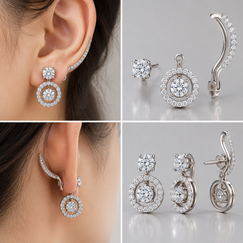 A women's earrings. สามารถถอดออกเป็นส่วนๆได้, ตุ้งติ้งอยู่ใต้ติ่งหู อ้อมหลังใบหู,4 views
using the attached image as a visual reference, create A women's earrings. สามารถถอดออกเป็นส่วนๆได้, ตุ้งติ้งอยู่ใต้ติ่งหู อ้อมหลังใบหู,4 views. photorealistic, just the design no text