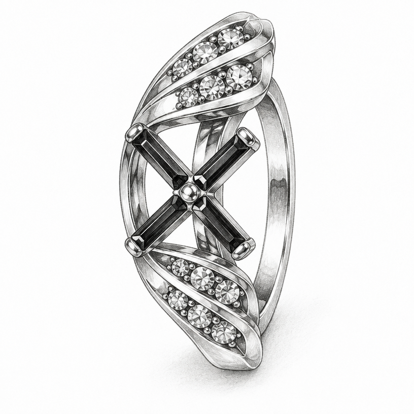A women's ring, detailed and decorative, moderately ornate. a want a black and white sketch
using the attached image as a visual reference, create A women's ring, detailed and decorative, moderately ornate. a want a black and white sketch. photorealistic, just the design no text