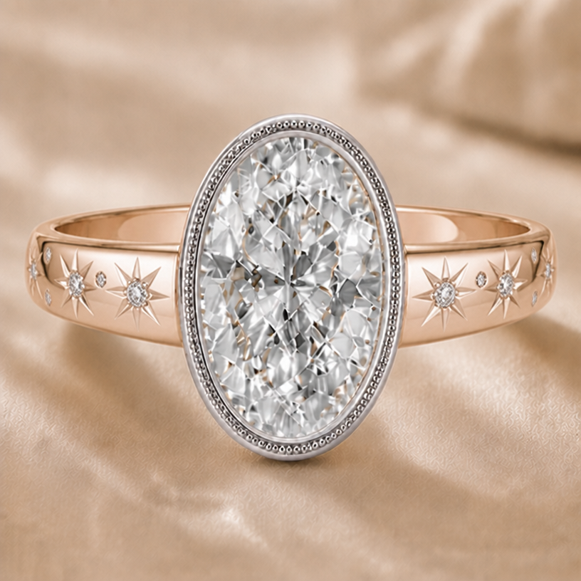 add engraved platinum starburst with small round stones on the band
edit the attached jewelry design with these instructions: add engraved platinum starburst with small round stones on the band. keep it photorealistic, just the design no text