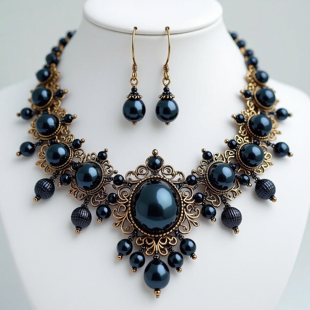 Sea inspired jewelry set, with different blue shades pearls and small shells and golden details