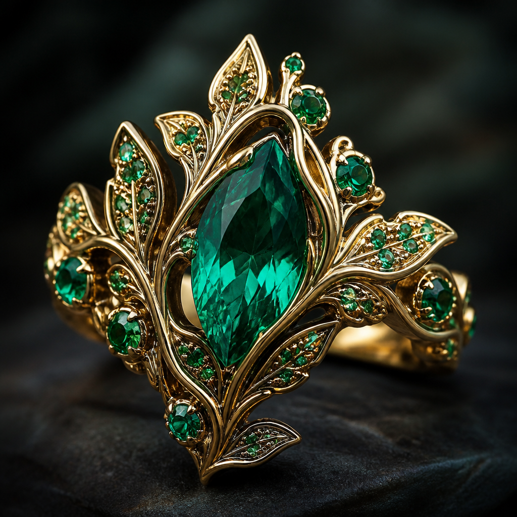 A fantasy women's ring made of gold with emerald stones. A vibrant gem all over the ring and branches like leaves on it with a beautiful shape in the middle.
photorealistic jewelry design, A fantasy women's ring made of gold with emerald stones. A vibrant gem all over the ring and branches like leaves on it with a beautiful shape in the middle., fantasy style, just the design no text