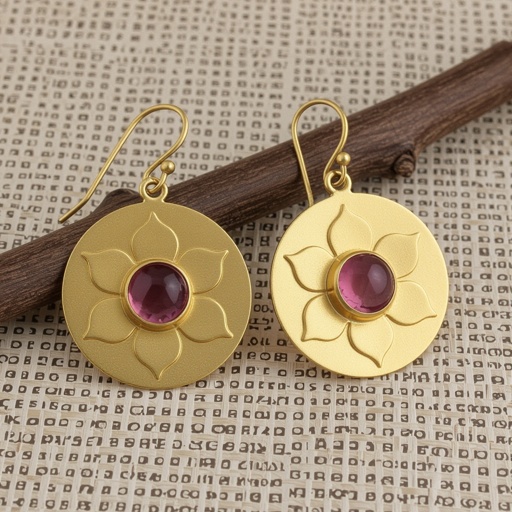 Gold-colored matte ring earrings. Diameter 1 cm. A flat lotus pendant with 6 petals. Pink quartz in the center of the lotus