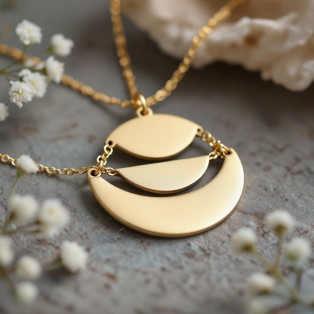 Подвеска из трех полумесяцев из матового неровного светлого золота соединенных цепочкой сверху самый широкий полукруг дальше средний и снизу самый маленький