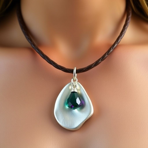 Minimalistic stylish necklace on thick leather cord with big silver pendant and gemstone charm 