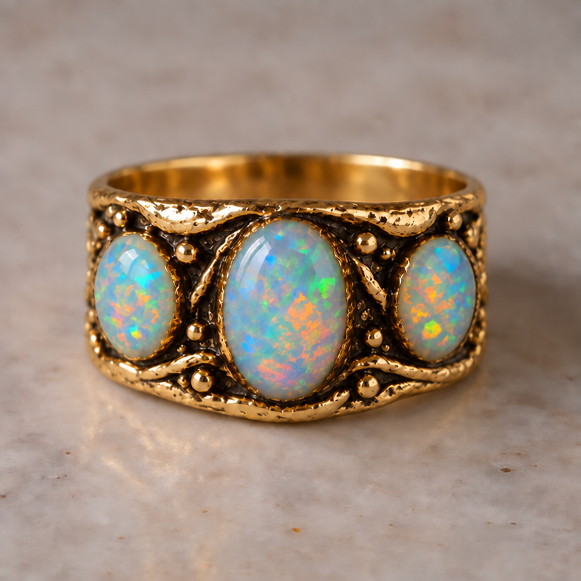 Restyled: remove circles around opals
Restyle the jewelry piece in the image: remove circles around opals. Keep the overall design and composition unless instructed otherwise. Photorealistic jewelry photograph, no text.