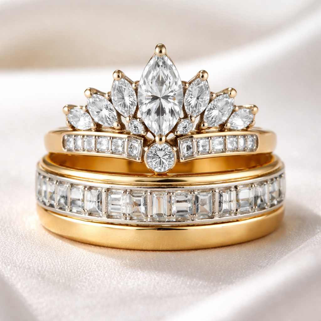 Create a ring in 14k yellow gold, set in platinum. The center stone is a .60 size marquise diamond with a .25 round diamond set directly under the marquise. Add 6 more marquise shaped diamonds and 2 more round diamonds and 4 to 6 rectangle shaped baguettes in the shape of a crown with a 4mm thick gold yellow gold band. Add a 5mm yellow gold wedding band with 2 rows of square baguettes set in platinum and sitting flush with each other