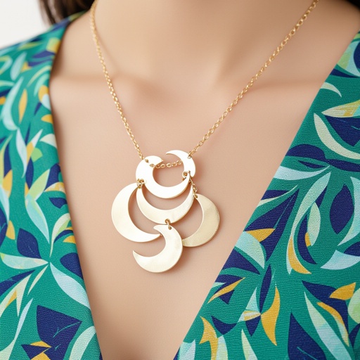 Подвеска из трех полумесяцев из матового неровного светлого золота с узорами соединенных цепочкой сверху самый широкий полукруг дальше средний и снизу самый маленький