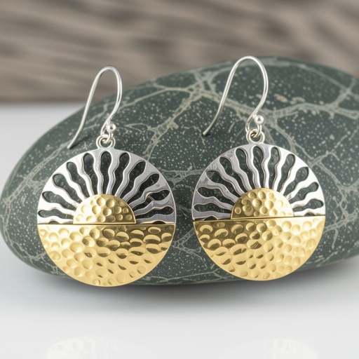 Золотые серьги полукруг половинка горящего солнца мятое неровное золото лучи волнистые другая половинка круга серебряная 