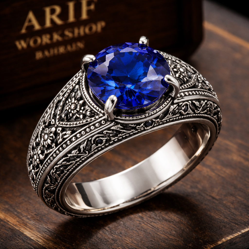 I need a design for a men's silver ring, crafted by the Arif workshop in Bahrain, with a blue sapphire stone.