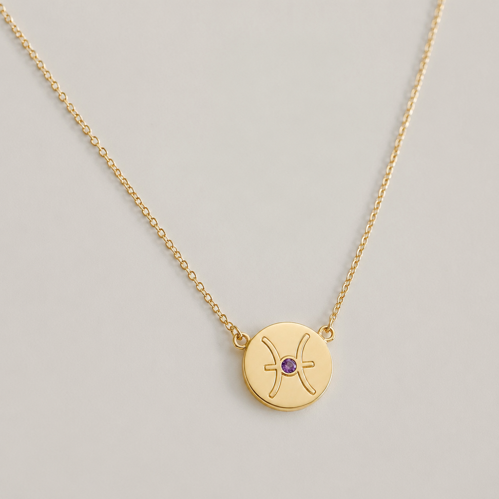A minimalist women's necklace made of gold with amethyst stones suitable for daily wear. um colar com fio dourado, ouro, a joia em um circulo pequeno cheio , cravado em si o signo de peixes contendo no seu centro um estilhaço pequeno de amethyst. um fio elegante, discreto, com um toque de charme e delicado
photorealistic jewelry design, A minimalist women's necklace made of gold with amethyst stones suitable for daily wear. um colar com fio dourado, ouro, a joia em um circulo pequeno cheio , cravado em si o signo de peixes contendo no seu centro um estilhaço pequeno de amethyst. um fio elegante, discreto, com um toque de charme e delicado, minimalist style, just the design no text