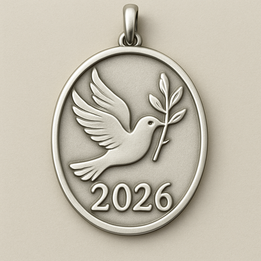 Slim Silver cut-out charm blending together only the two spread out wings of a bird, an olive branch and  along year 2026