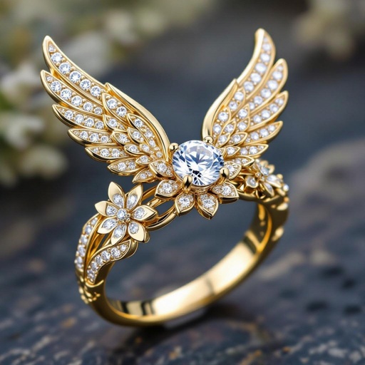 fairytale gold and diamond ring with humble angel wings diamond in the middle and flowers 