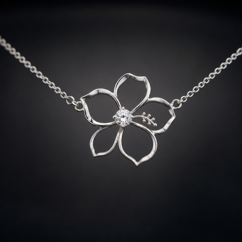 A women's necklace made of silver. hibicus vu de coté ligne fine et delicat ,diamand dans le milieu, interieur de la fleur vide, plus detail, 5 petales chaine de chaque coté, exotique
photorealistic jewelry design, A women's necklace made of silver. hibicus vu de coté ligne fine et delicat ,diamand dans le milieu, interieur de la fleur vide, plus detail, 5 petales chaine de chaque coté, exotique, modern style, just the design no text
