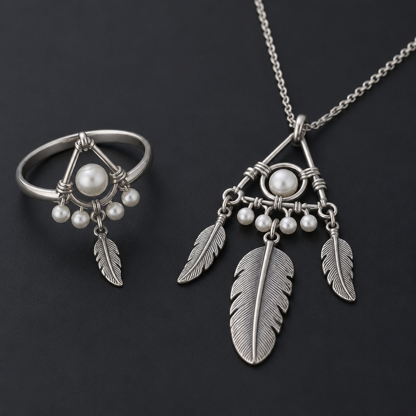 A women's ring with pearl stones. pendant with feathers and pearls
using the attached image as a visual reference, create A women's ring with pearl stones. pendant with feathers and pearls. photorealistic, just the design no text
