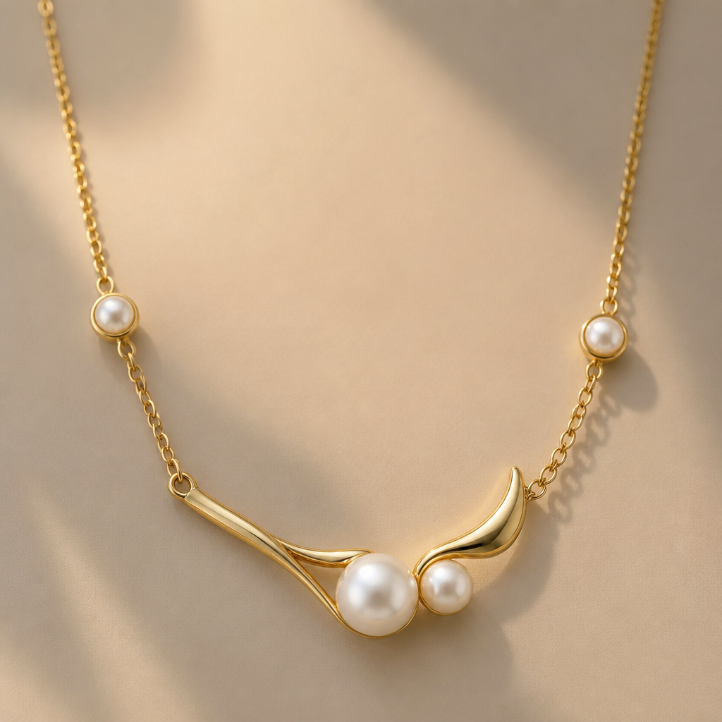 A modern women's necklace made of gold with pearl stones suitable for birthday
photorealistic jewelry design, A modern women's necklace made of gold with pearl stones suitable for birthday, modern style, just the design no text