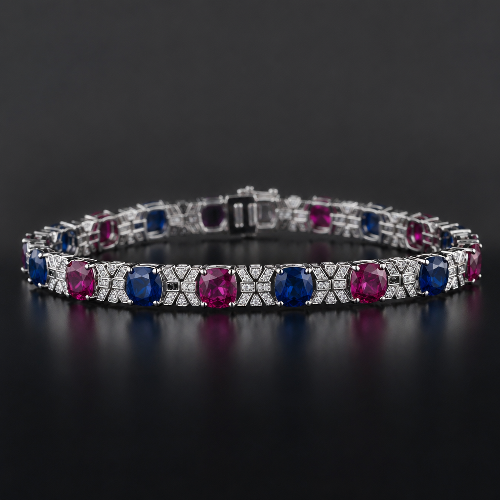 Bracelet with cushion shape sapphire and rubilite
photorealistic jewelry design, Bracelet with cushion shape sapphire and rubilite, art_deco style, just the design no text