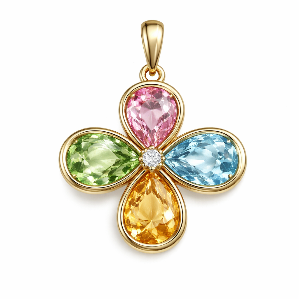 **1. The "Four-Leaf Clover" or Floral Cluster** This is a classic way to group four similar-sized stones to create a larger visual impact. - **Arrangement**: Place the four gems in a tight square or cross formation (North, South, East, West) with the pointed ends facing inward (if they are teardrops) or just touching edges (if round/oval). - **Setting**: Use a bezel setting (gold or silver rim) for each stone to protect the edges. - **Center Detail**: Add a small diamond or gold bead in the very center where the four stones meet to hide the gap and add sparkle. - **Bale**: A single loop at the top attached to the "North" stone.
