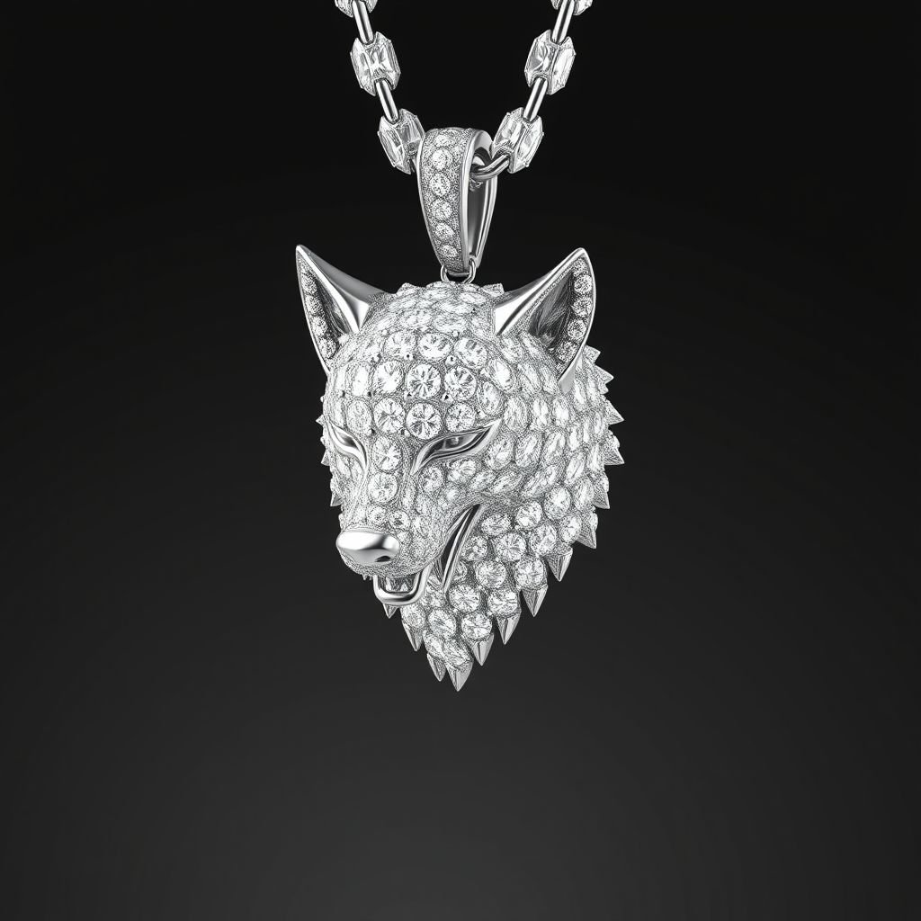 Diamond wolf chain
Design an opulent diamond wolf chain, featuring a majestic wolf head adorned with shimmering, ethically sourced diamonds intricately set in white gold. The chain itself, a masterpiece of craftsmanship, flows elegantly, interspersed with brilliant-cut diamonds that catch the light. This luxurious statement piece embodies strength and elegance, perfect for discerning collectors.