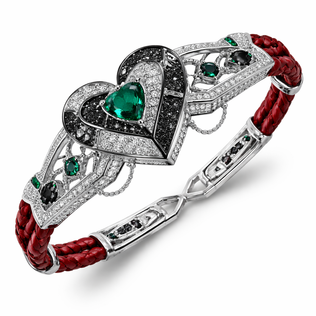 AGeomatric bangle of heart of ede style and shape white black diamonds of love shape of little bit of stones and chain of red leather and little bit of green emerald stones