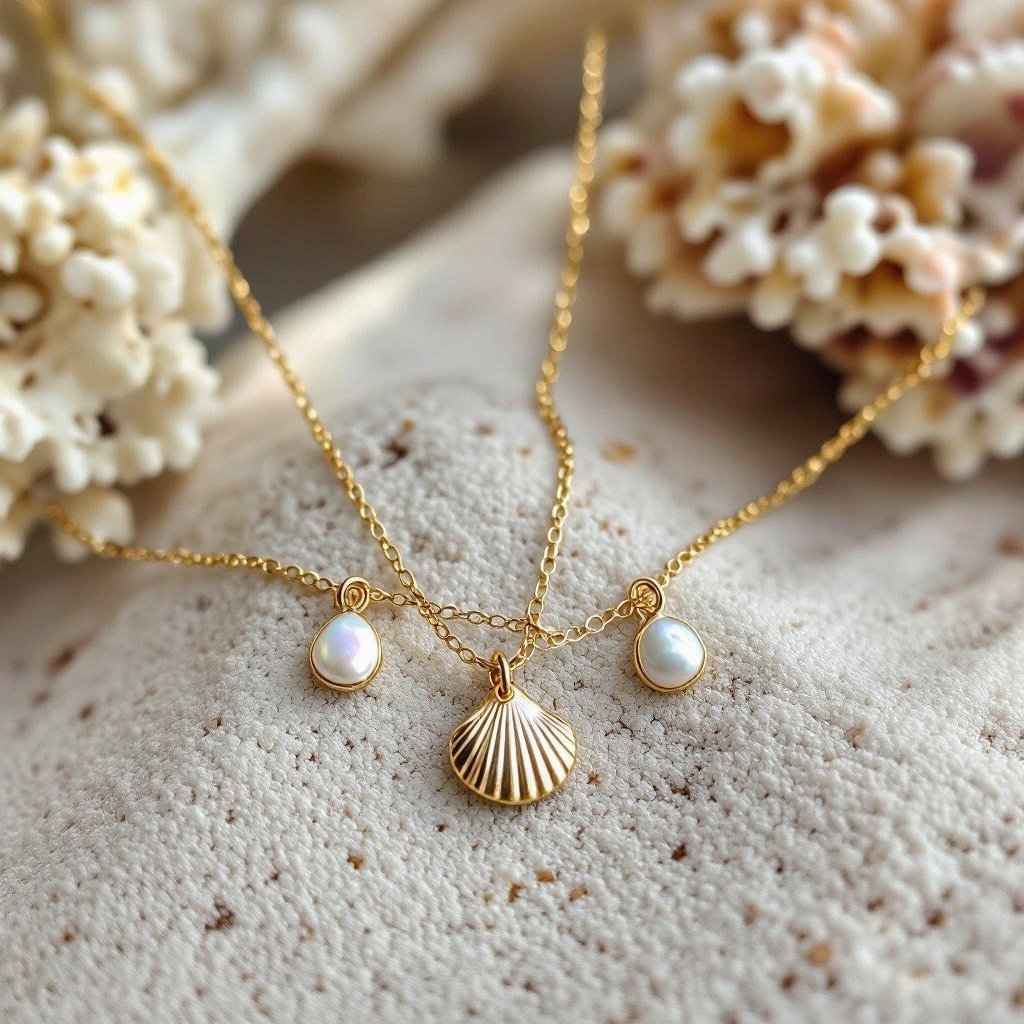 Sea inspired jewelry set, with small shells and golden details