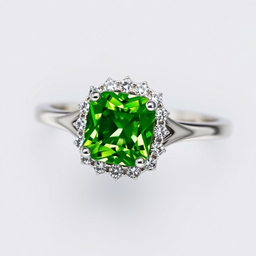A one carat peridot ring in white gold. Use a small diamond halo around the stone. 