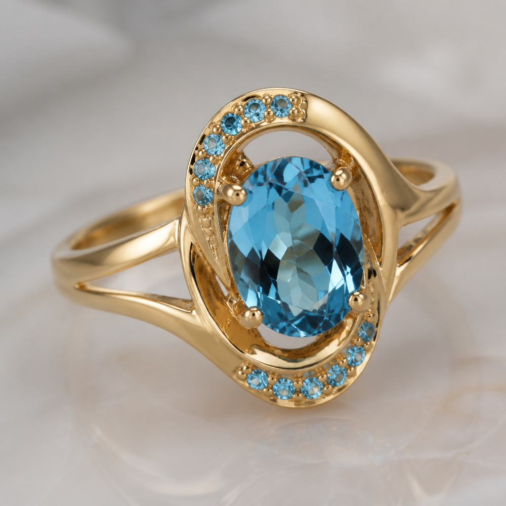 A women's ring made of gold with topaz stones
photorealistic jewelry design, A women's ring made of gold with topaz stones, modern style, just the design no text
