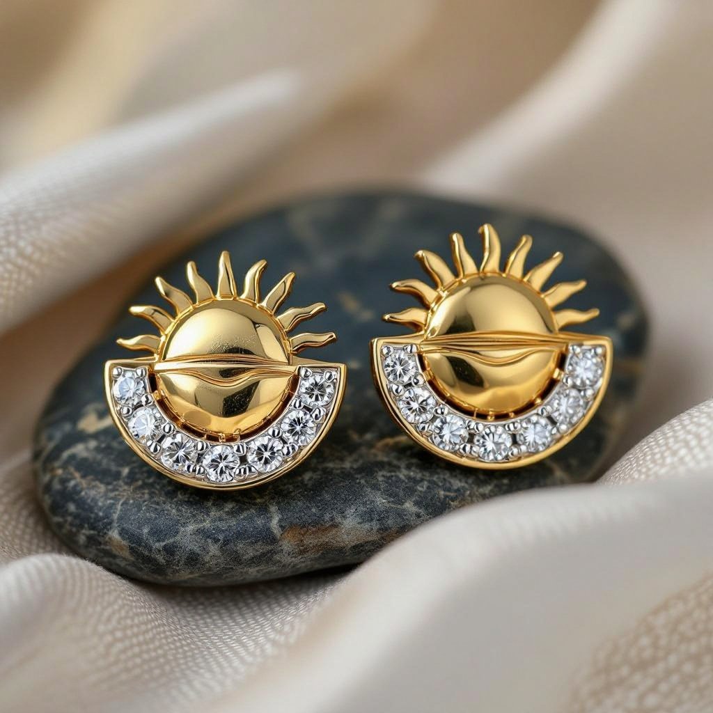 Золотые серьги полукруг половинка горящего солнца мятое неровное золото лучи волнистые другая половинка круга серебряная 