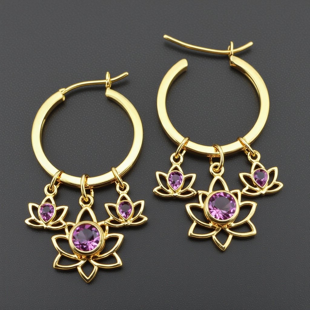 Серьги кольца диаметр 14 мм, подвески в виде золотых лотосов шестью лепестками с маленьким розовым кварцем по центру